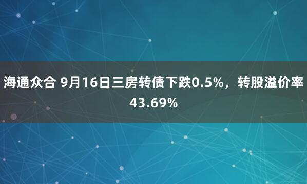 海通众合 9月16日三房转债下跌0.5%，转股溢价率43.69%
